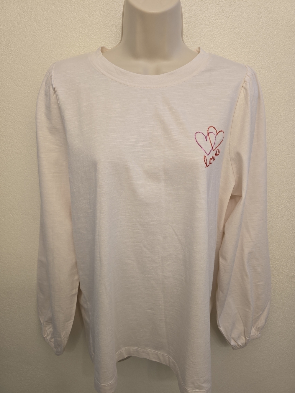 NWT LOFT Ladies Long Sleeve Tee with Embroidered Pink and Red Hearts
